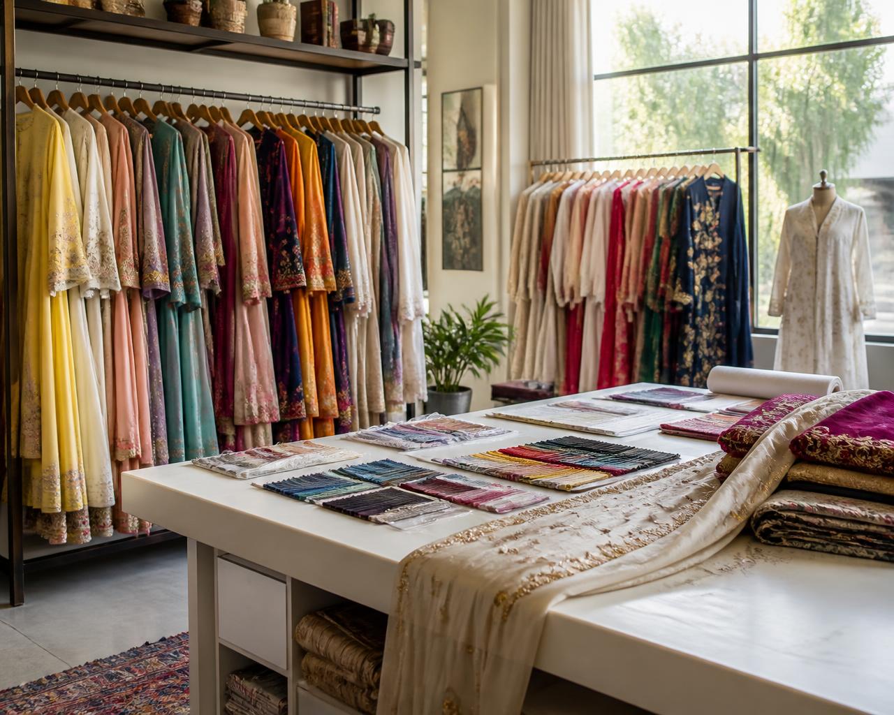 Studio interior with garment swatches on rails
